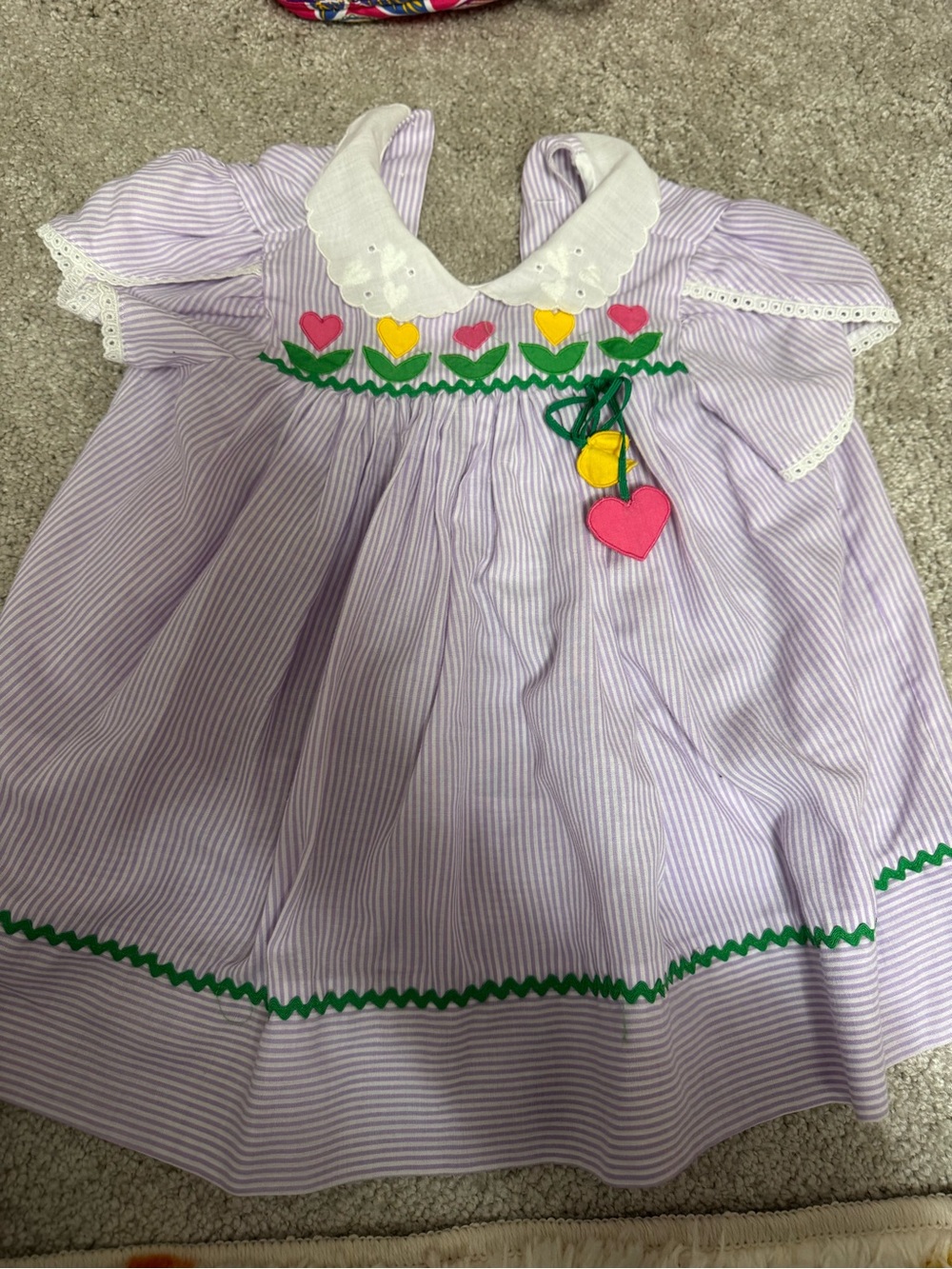 Hand sewn Lilac Striped Girls' Casual Dress with Tulip Appliqué